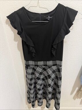 Yathon Black & White Plaid Midi Dress with Ruffle Sleeves